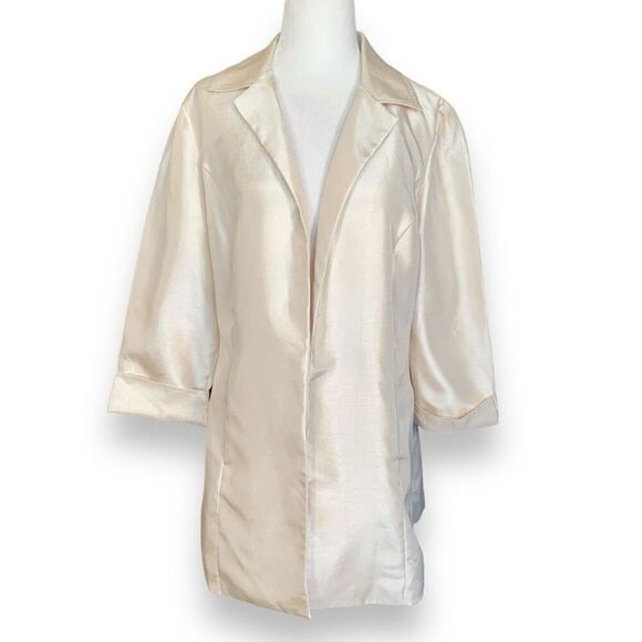 Chicos Blazer Jacket Metallic Golden Ecru Open Front Longline Wedding Guest - Picture 1 of 9